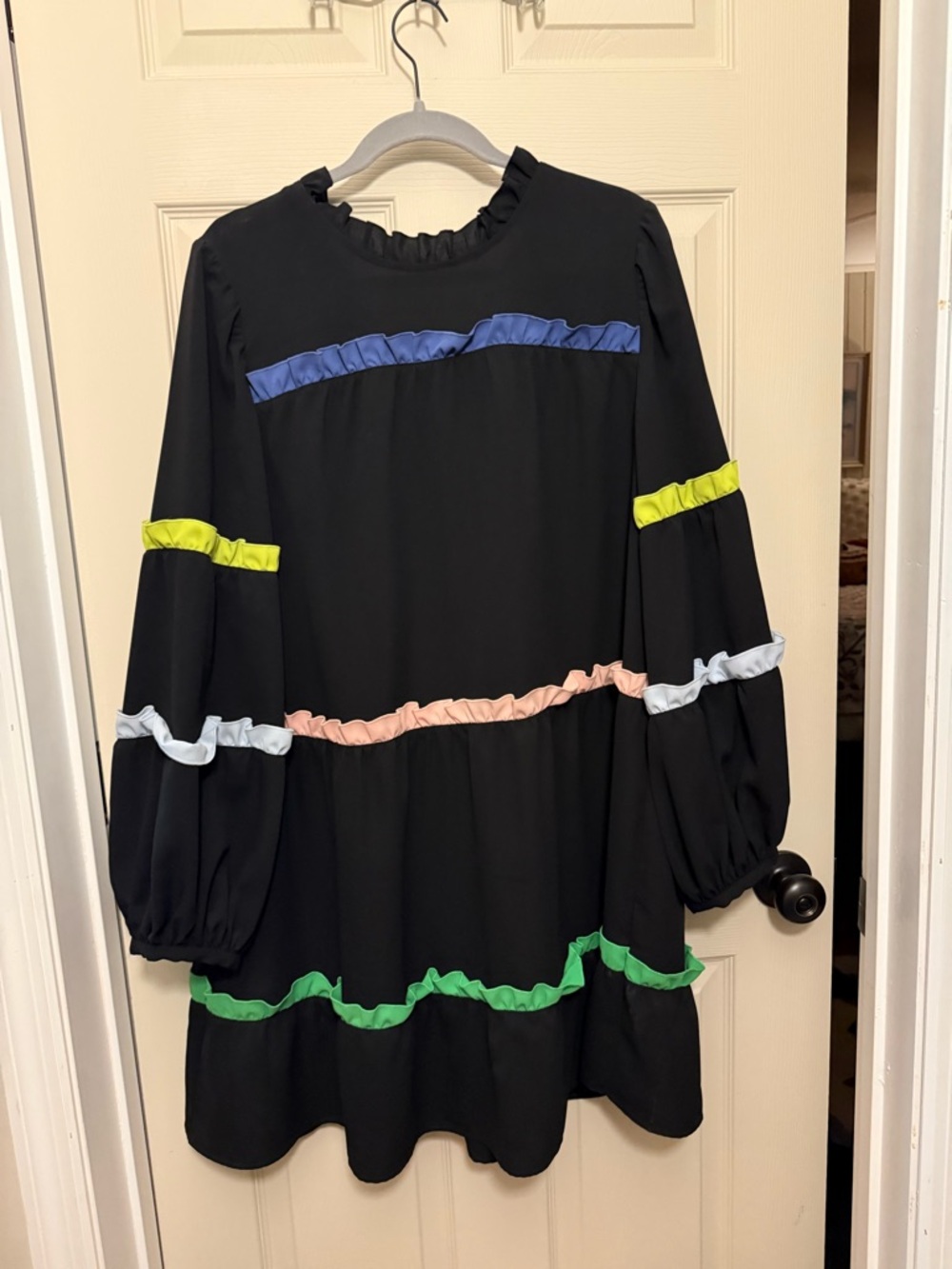 CROSBY by Mollie Burch NWT Black Long Sleeve Ruffle Dress with Neon Accents
